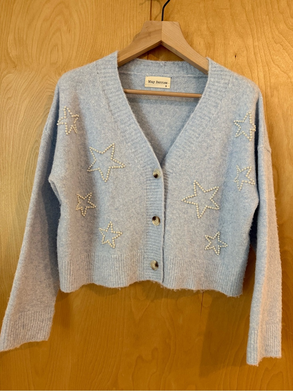 Light Blue Star Pearl-Embellished V-Neck Cardigan